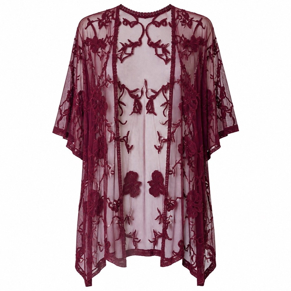 Love on a Hanger Burgundy Embroidered Lace Sheer Kimono Cardigan Duster Size LXL